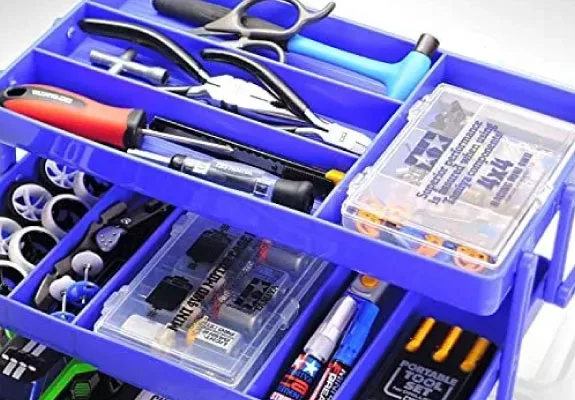 Tamiya Mini 4WD tools, tuning parts and accessories in a toolbox
